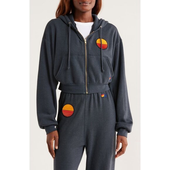 Aviator Nation Sunset Patch charcoal Crop Zip Hoodie sweatshirt size M - Picture 1 of 9